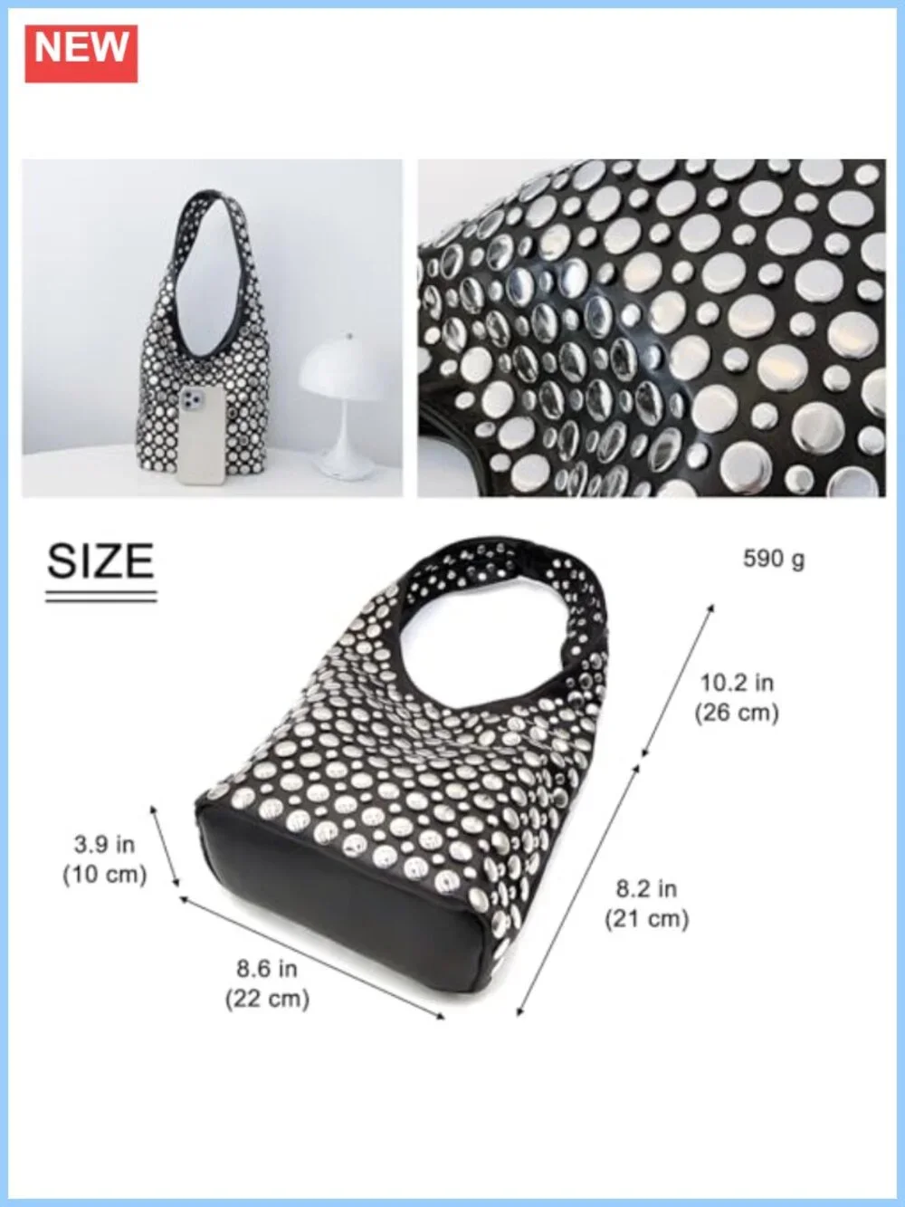 Y2K Hobo Shoulder Bag Studded Synthetic Leather Punk Top Handle Tote Purse